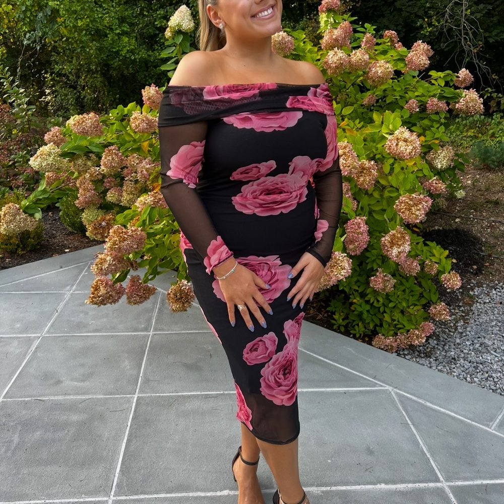 Aqua Strapless Black and Pink Floral Dress